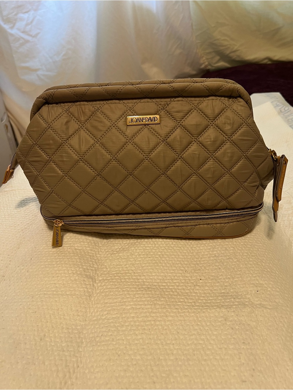 Joan & David Quilted Olive brown Toiletry Pouch with Gold Accents